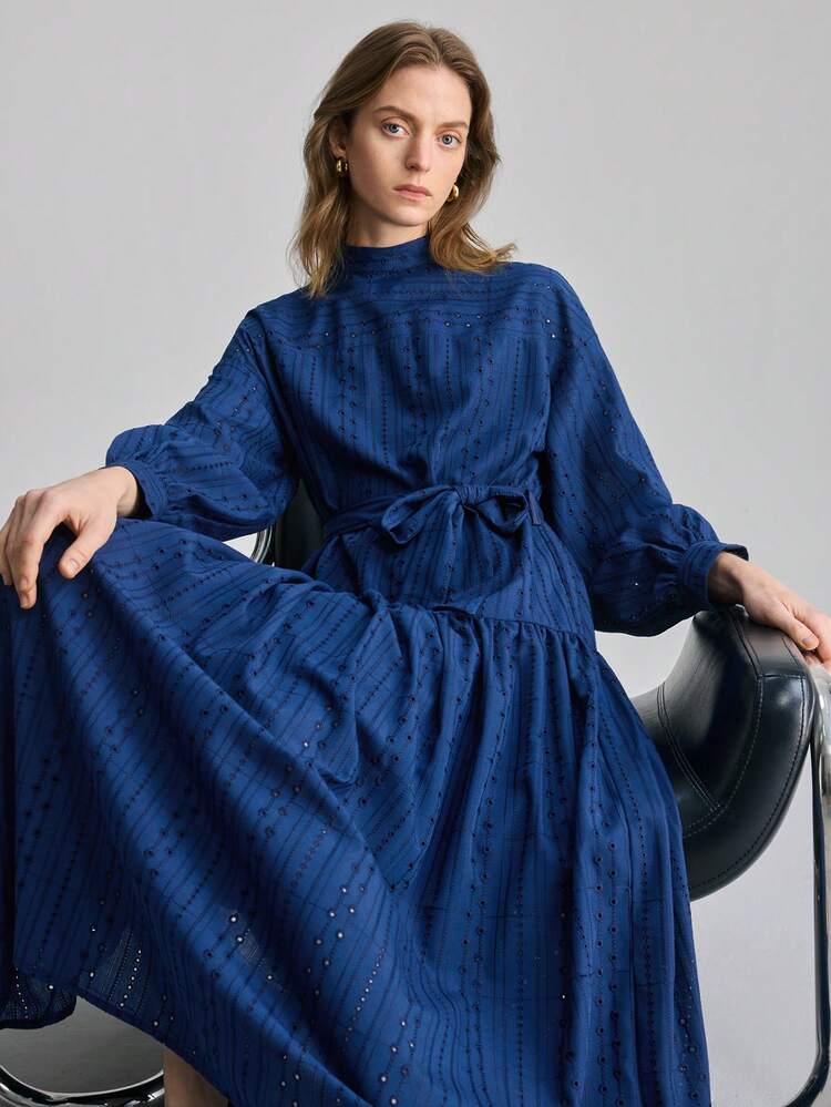 2026ss Women's Solid Color Knotted Collar Casual Versatile Long Sleeve Dress Beach Clothing, All Season  Ins Celebrity Same Style Vacation Style, Exotic Atmosphere, Country Concert, Western Style Clothing, High-Grade Fabric, Comfortable And Breathable Bohemian Style Vacation Wear Modern Urban Casual Fashion Business Casual Women's Office Wear Low-Key Old Money Style High-End, Elegant, Old-Fashioned Cruise Attire For Wedding Guests Craft Embroidery Deep Blue High-Grade Fabric, Comfortable And Bre