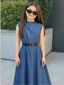 Firerie Kids Firerie Kids NovaGlow Tween Girl Tween Girls Casual Fashion Commuter Stand Collar Flared Waist Blue A-Line Dress, Comes With Belt - Blue - View 4