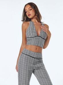 Sweetina Backless Plaid Halter Deep V-Neck Women Tank Top - Grey - View 4