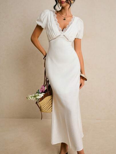 Poéselle Women's White Lace-Trim Puff-Sleeve Wrap Maxi Dress – Romantic Cottagecore Summer Bridal Gown White Lace Dress Cottagecore Maxi Dress Romantic Summer Dress Bridal Shower Outfitboho W Edding Guest Dress Solid Color Lace Trim V-Neck Short Sleeve Dress White Dress  Wedding Guest Dresses Summer Holiday Outfits