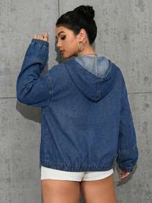 StreetHx Women's Solid Color Drop Shoulder Long Sleeve Fashionable Loose Denim Jacket - Dark Wash - View 2