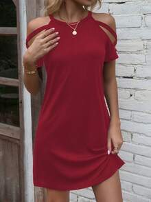 SHEIN LUNE Solid Color Off-Shoulder Casual Loose Summer Versatile Dress - Red - View 5