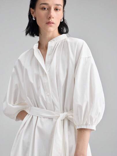 Ontre Women's Beige Comfortable Soft High-End Fabric Round Neck Dropped Shoulder 3/4 Puff Sleeve O-Shaped Silhouette Gathered Neckline Front Button Closure Waist Belt Waist Tie Fastening Modern Urban Business Casual Office Wear Commuter High-Quality Airport Casual Low-Key Vintage High-End Cruise Wear Middle East Minimalist Luxurious Feel Essential Fashion All-Season Versatile Long Dress Ruffle White Dress Vacation Outfits Women Beach Clothing, All Season  Ins Celebrity Same Style