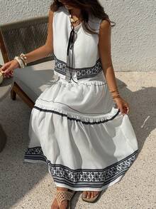 DAZY 2pcs/Set Women Retro Print Fitted Sleeveless Tie-Up Vest & Long Flared Skirt Casual Vacation Outfit, Spring/Summer Boho Short Sets For Women - White - View 5
