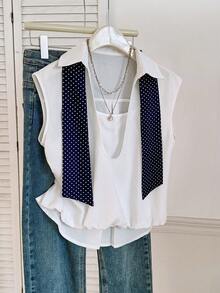 Lyxana Polka Dot Print Tie Collar Sleeveless Splicing Asymmetrical Hem Ruched Loose Women Shirt - White - View 8