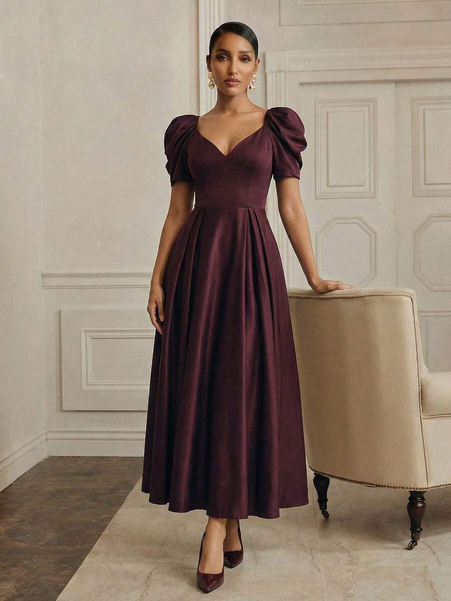 Anewsta New Arrival Women's V-Neck Puff Sleeve Elegant Long Dress - Burgundy - View 1