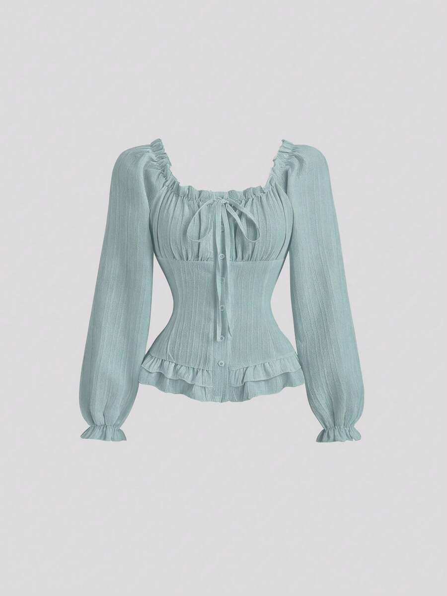 Sweetra Áo sơ mi nữ tay dài màu trắng họa tiết gạch, cổ bẻ, eo thon, tay bồng, buộc dây. - Màu xanh nhạt - Xem 1