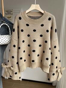 Comfortcana 可爱波点针织圆领毛衣，带蝴蝶结 - 杏色 - 查看 3