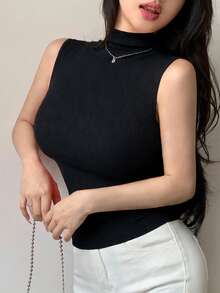 Women's Cotton Slim Fit Mandarin Collar Casual Camisole - Black - View 5