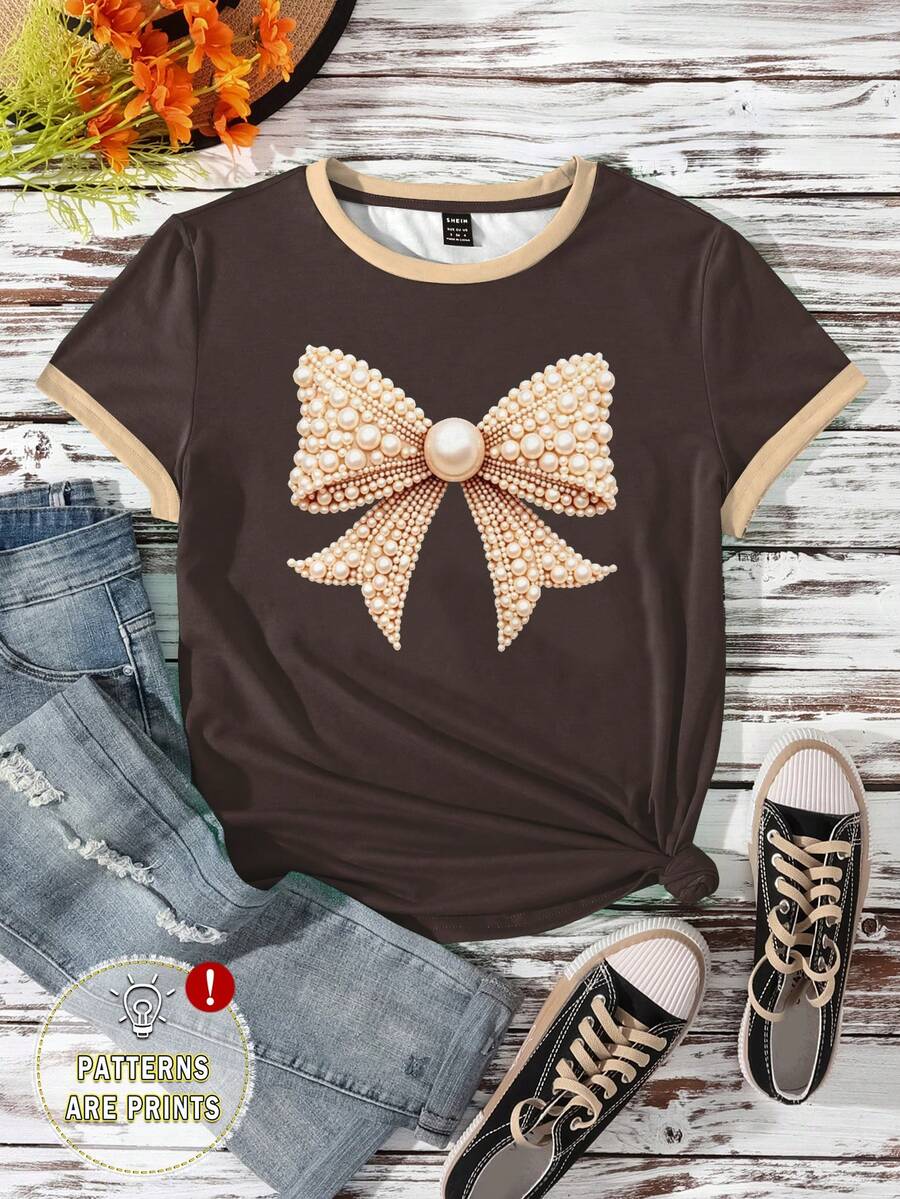 SHEIN Essnce 休闲简约蝴蝶结装饰圆领短袖修身加大码女式T恤，适合夏季穿着 - 彩色 - 查看 1