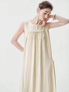 Aalyst Women's Solid Color Button Design Round Neck Sleeveless Casual Loose Mid-Length Dress - Butter Yellow - View 5