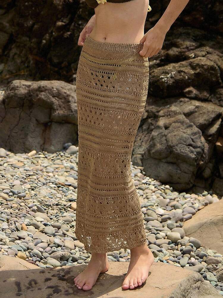 SHEIN Maija Women's Solid Color Hollow Out Knit Coverup For Beach/Resort Bohemian,Summer Vacation