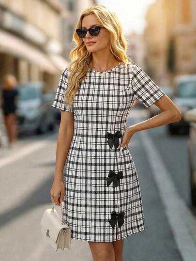 Editum Women's Regular Fit Black & White Bow Decor Round Neck Short Sleeve Mini Dress Short Sleeve Dresses Checkered Dress Plaid Dress Women Spring Summer Outfits Valentine Day Dress Short Sleeve Summer Dress Work Wear Women Business Professional Women Plaid Short Sleeve Dress Plaid Checkered Dress
