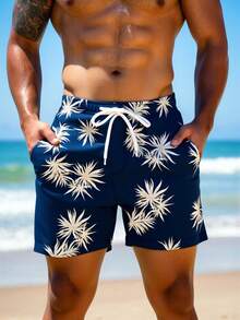 Manfinity Swimmode 男士夏季度假印花抽绳腰带沙滩短裤 - 藏蓝色 - 查看 5