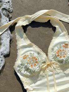 Summer Fashion Beach Vacation Embroidered Lace Trim Women Halter Neck Camisole - Apricot - View 3