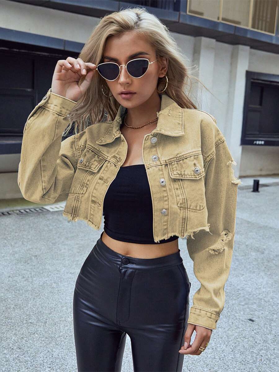 SHEIN ICON 女士时尚休闲水洗做旧短款牛仔外套 - 卡其色 - 查看 1
