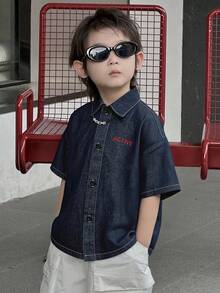 DAZY 男童字母刺绣短袖牛仔衬衫 - 藍色 - 查看 1