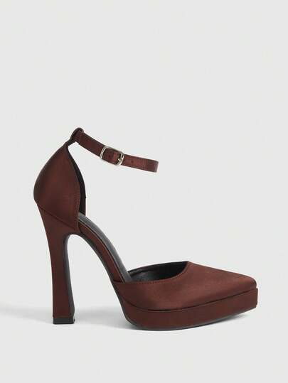 CUCCOO LuxiPop Women Shoes Outdoor Women's Pointed Thick High Heel Satin Fabric Stylish Simple Breathable Comfortable Daily Party Wedding Banquet Buckle Hollow Solid Color Shoes