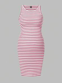 Modmama Maternity Solid Color + Striped Print Round Neck Fitted Sleeveless Dress - Red - View 6