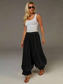 Athîral Women's Black Beige Stretch Waist Loose Casual Lantern Pants, Fluffy Trousers, Slightly Sheer Woven Fabric, Women's Summer Wear, Chiffon Fabric Trousers, Women's Beachwear, Women's Casual Wear, Boho Pants For Women - Black - View 3