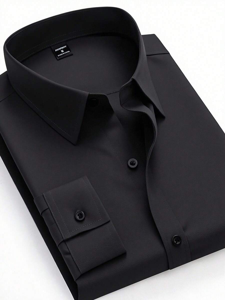 Manfinity Mode Men's Black Long Sleeve Casual Business Shirt, Fall - Black - View 1