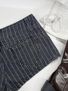 Elamini Pantalones cortos de mezclilla casual con lavado, bolsillos y rayas de cintura baja - Gris - Ver 5