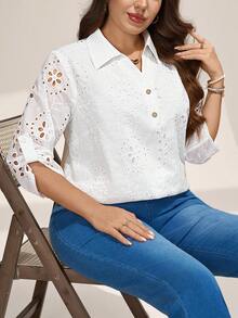 SHEIN LUNE 大码纯色翻领袖衬衫 新年女士冬季优雅女士冬季魅力女士狂欢女士端庄白色镂空上衣镂空衬衫白色蕾丝衬衫 - 白色 - 查看 3