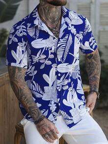 EGENSIO Camisa de verano de manga corta con botones delanteros y estampado hawaiano azul marino de moda - azul real - Ver 5