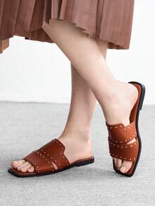 CUCCOO BIZCHIC Women's Rivet Design Casual Fashionable Slip-On Flat Sandals - Camel - View 3