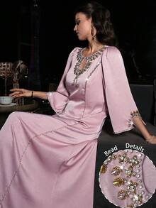 Layrah Handmade Rhinestone Embellished Pink Robe/Robe Pink Silk Dress Formal Elegant Party Uxury Evening Dresses Wedding Party Dress - Pink - View 4