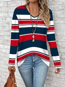 EMERY ROSE Nautical Striped Print Plus Size V-Neck Long Sleeve Loose T-Shirt, Suitable For Vacation - Multicolor - View 4