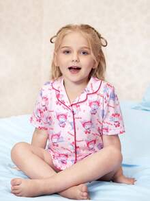 HELLO KITTY AND FRIENDS | SHEIN 女童卡通图案短袖上衣和裤子睡衣套装 - 粉色 - 查看 2