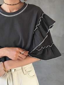FRIFUL Women's Contrast Color Layered Pleated Ruffle Hem Loose Casual Versatile T-Shirt, Spring/Summer - Dark Grey - View 7