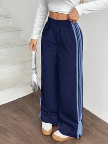 SHEIN EZwear Women Black Side Contrast White Tape Elastic Waist Pants Striped Pants Navy Pants Track Pants Drawstring Pants Wide Pants - Royal Blue - View 3