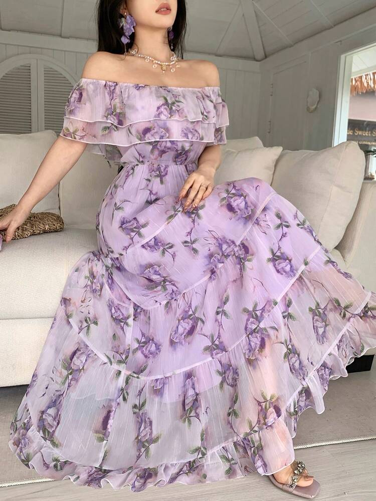 Women's Elegant Floral Ruffle Hem Strapless Mid-Length Dress, Summer Wedding Guest Dress Maxi Dress Sundress Cocktail Dress