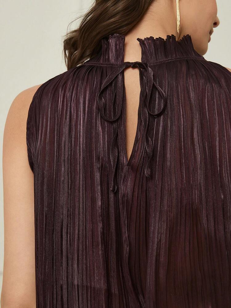 Sleeveless Top With Drawstring, Tie, Rhinestone & Hollow-Out Metal Decor, For Spring & Summer