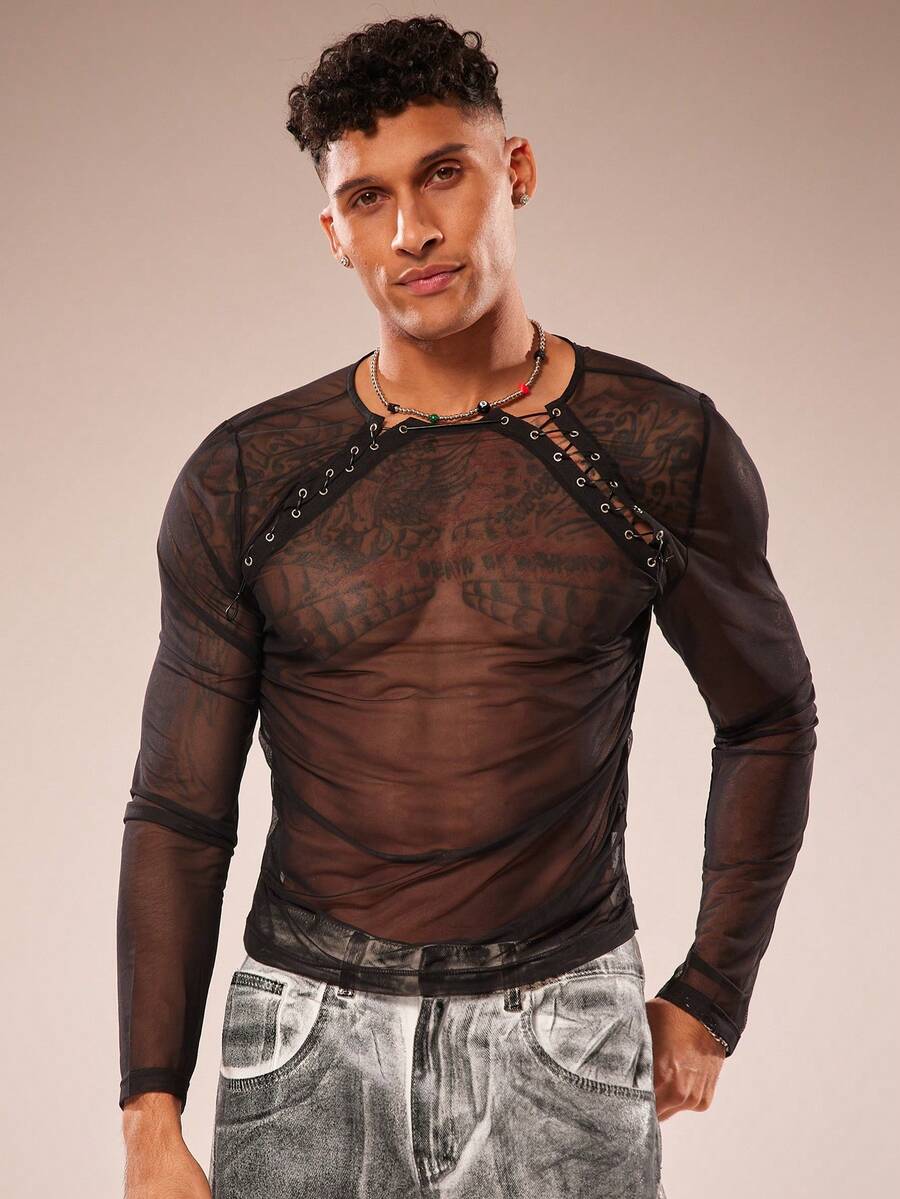 FeverCity 男士时尚性感透视网眼金属孔眼长袖T恤 - 黑色 - 查看 1