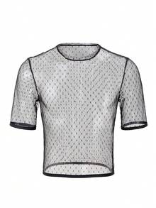 Men's Contrast Trim Mesh Sheer Round Neck Short Sleeve Base Layer Top - Black - View 8
