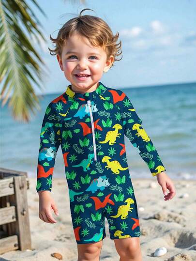 Young Boy Classic Ocean Animal & Palm Tree Print Slim Fit Long Sleeve One-Piece Swimsuit, Suitable For Summer, Beach, Surfing, Swimming