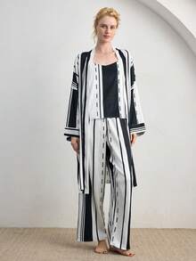 Ocili Silky Satin Striped Loose Belted Mid-Length Robe, Women Sleepwear - Black and White - View 3