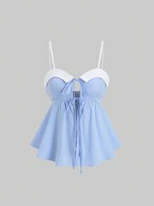 Sweetra 女士蓝色条纹休闲百搭通勤吊带背心和阔腿裤两件套，春夏款 - 藍白色 - 查看 3