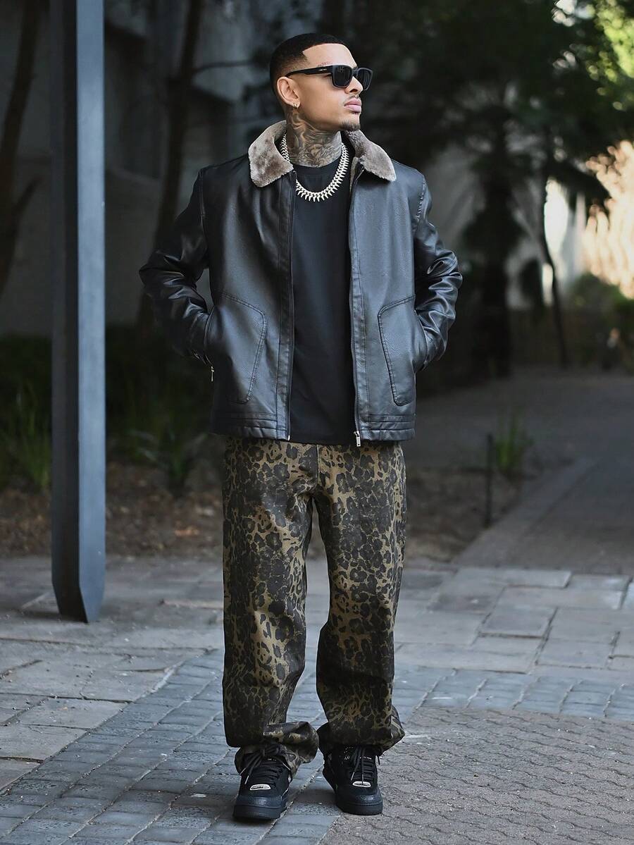 Devon Thys 男士长袖PU皮立领保暖内衬皮夹克，时尚休闲，秋季款 - 黑色 - 查看 1