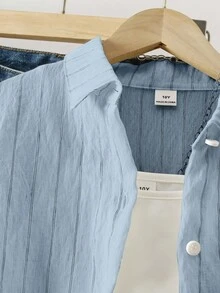 SHEIN Teen Girls Casual Minimalist Beige & White Pinstripe Long Sleeve Button-Down Shirt Spring & Autumn Lightweight Breathable Fabric With Polo Embroidery For Daily School & Casual Outings - Blue - View 4