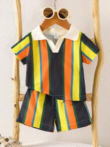 SHEIN Playful Pals Bộ 2 món cho bé trai, áo polo cổ bẻ phối sọc tương phản, tay ngắn, nhiều màu sắc, thích hợp cho dã ngoại, mặc thường ngày, thể thao, dự tiệc, thể hiện sự năng động và cá tính. - màu đen - Xem 3