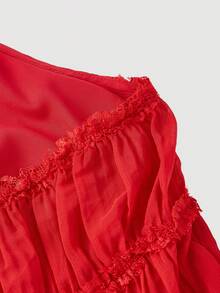 SHEIN MOD Shirred Red Halter Sleeveless Backless Crop Top.Red Halter Neck Top Ruffled Pleated Layers Elegant Sleeveless Soft Touch Artistic Lightweight Summer Sheer Finish Flowing Delicate Feminine Romantic Textured Boho Inspired Chic Airy Graceful Classic - Red - View 4