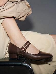 女士3厘米布面包跟鞋，黑色、时尚百搭，海军蓝、咖啡色、酒红色低跟粗跟优雅休闲平底鞋 - 巧克力棕 - 查看 2