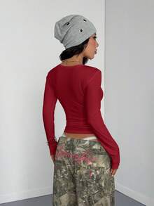 StreetHx 女士秋冬白色收腰修身波浪纹印花街头风Y2K复古图案圆领长袖T恤 - 紅色 - 查看 2