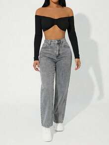 EURMUSE Quần jeans ống đứng bỏ túi thời trang thường ngày dành cho nữ - Xám - Xem 3