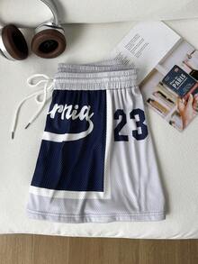 Comfortcana Quần short mùa hè cỡ lớn, kiểu dáng thường ngày, phối màu, in chữ. - Màu xanh lam - Xem 6