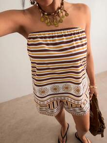 Freevana Bộ đồ cỡ lớn kiểu Bohemian gồm áo quây kẻ sọc nâu và quần short ống rộng, trang phục mùa hè thoải mái theo phong cách cổ điển dành cho nữ. - màu nâu - Xem 7